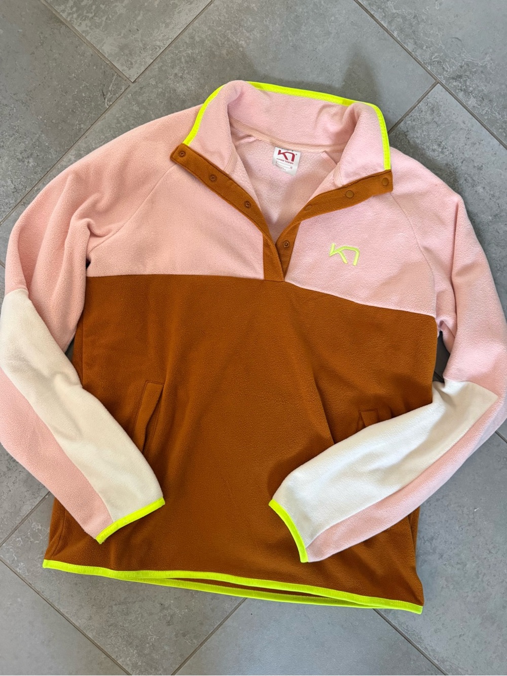 Kari Traa Colorblock Fleece Pullover in Pink, Brown, Cream & Neon Yellow